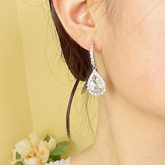 Silver Tone Rhinestones Half Hoop Water-Drop Earrings - Picture 6 of 6